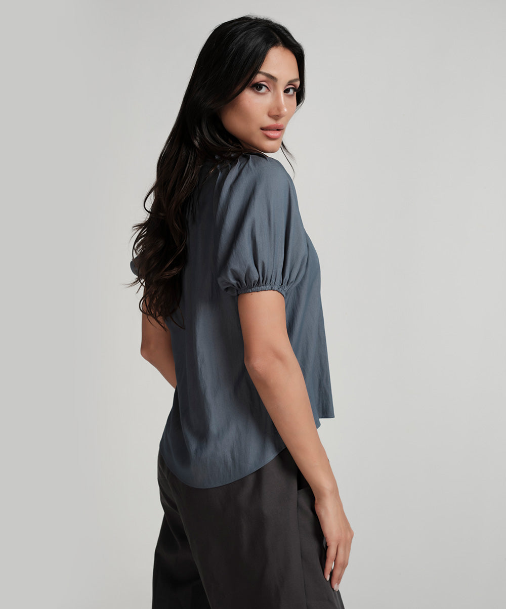 Raglan Sleeve Pintucked Puffed Sleeve Top