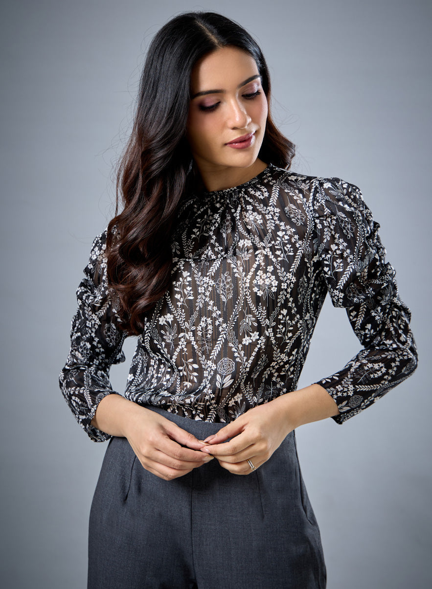 Long Sleeve Gathered Printed Top