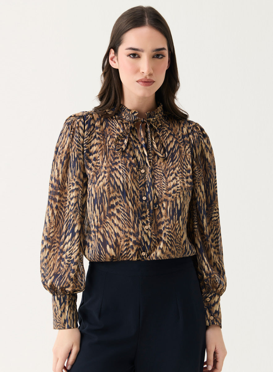 Long Sleeve Printed Frilled Collared Top