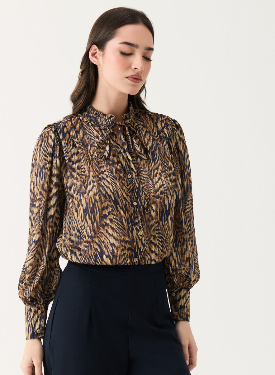 Long Sleeve Printed Frilled Collared Top
