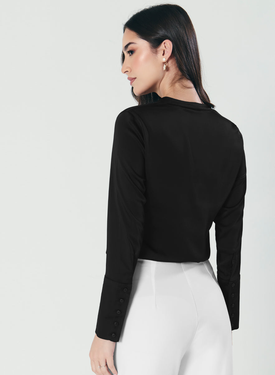Cuff Detailed Elegant Black Satin Shirt