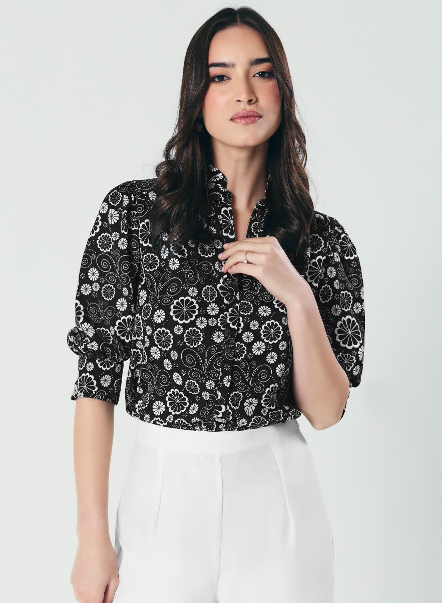 Printed Black White Three Quarter Top
