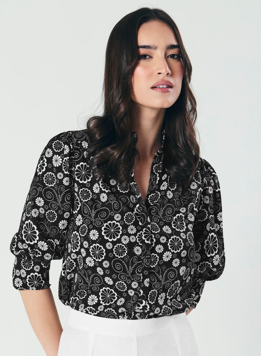Printed Black White Three Quarter Top