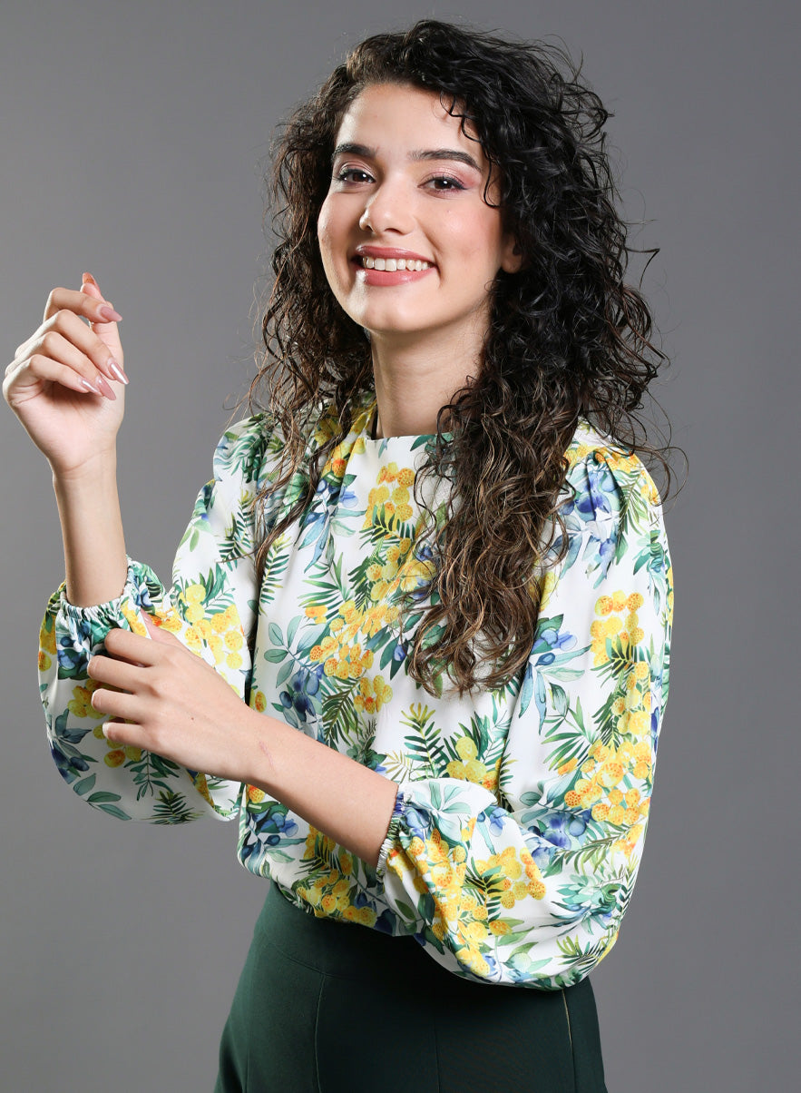 Yellow Floral Elastic Sleeve Top