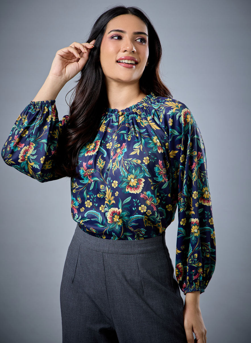 Long Sleeve Bold Green Floral Top