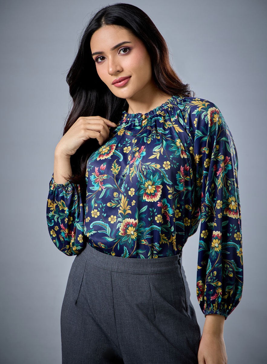 Long Sleeve Bold Green Floral Top