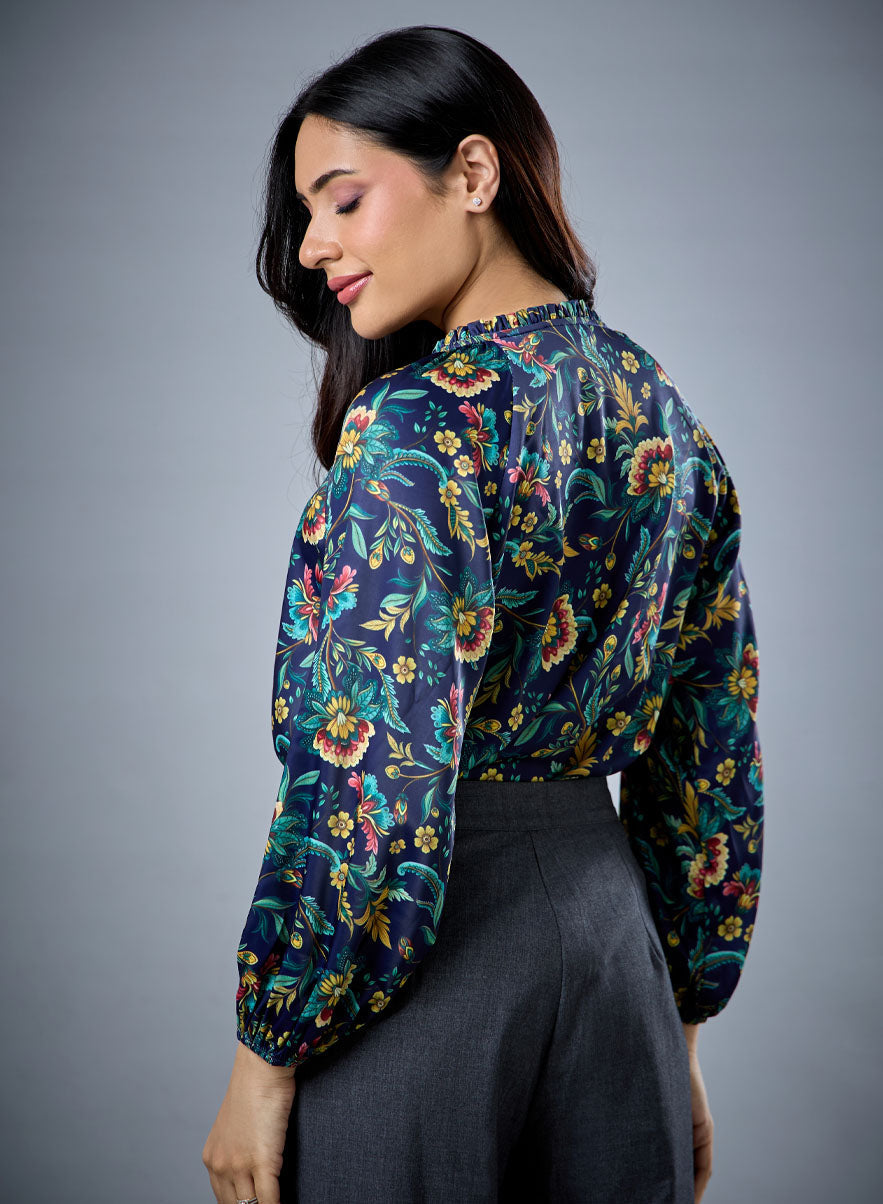 Long Sleeve Bold Green Floral Top