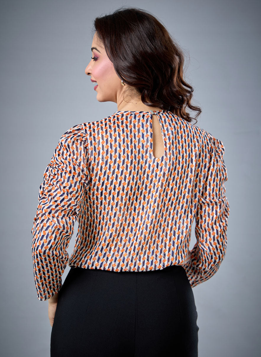Long Sleeve Gathered Printed Top