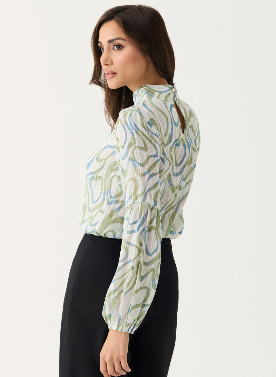 High Neck Printed Long Sleeve Top