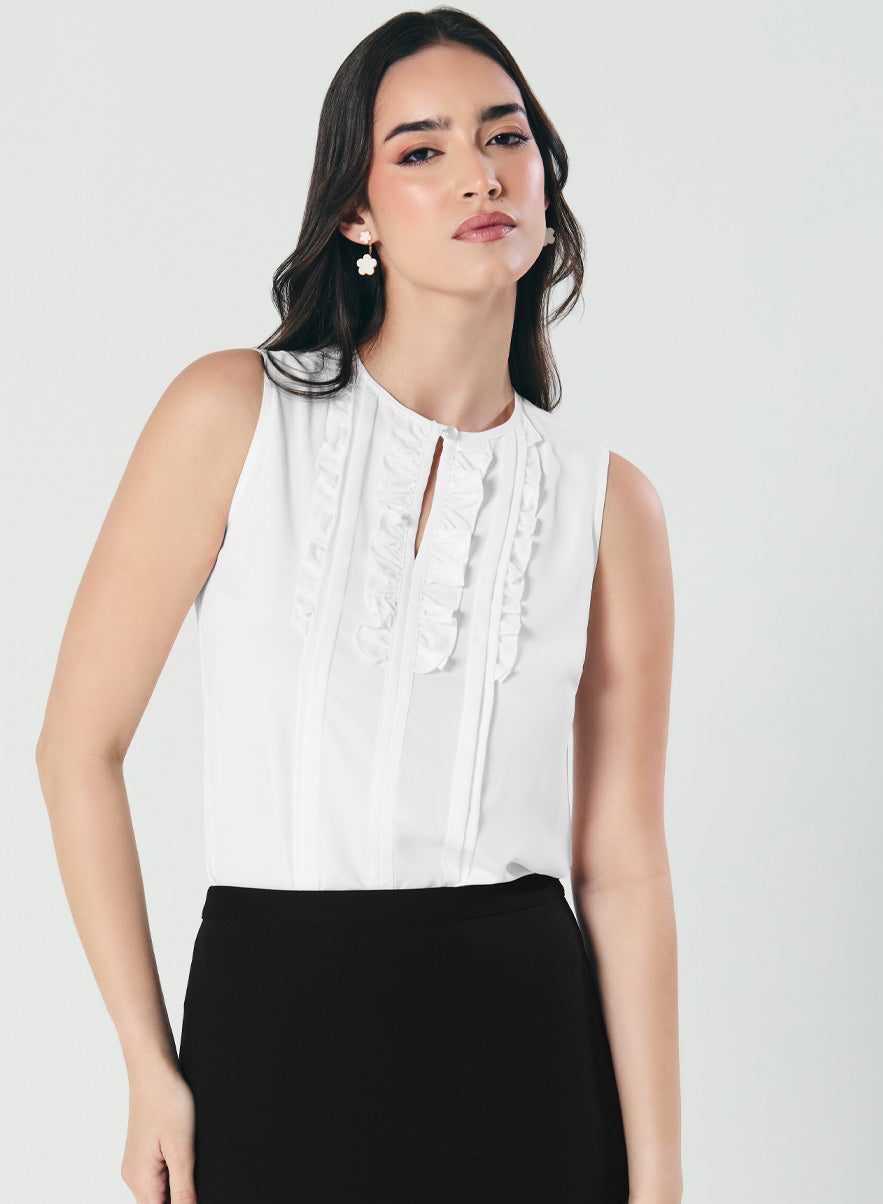 Frill And Pintuck Detailed Off-White Top