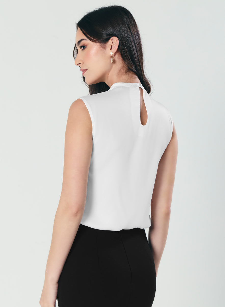 Pleated Cowl Satin Sleeveless White Top