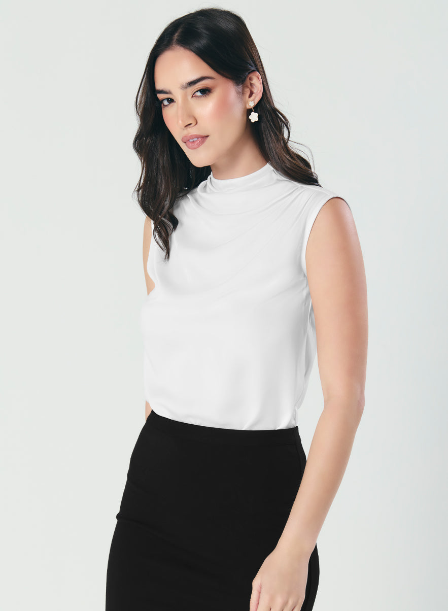 Pleated Cowl Satin Sleeveless White Top