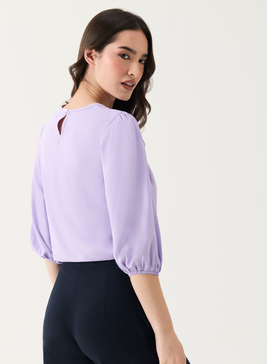 Front Pin-Tuck Neck Detailed Long-Sleeve Top