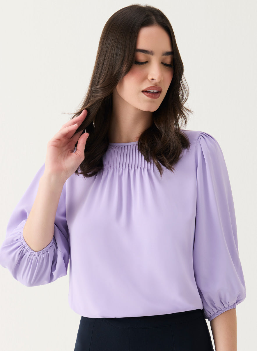 Front Pin-Tuck Neck Detailed Long-Sleeve Top