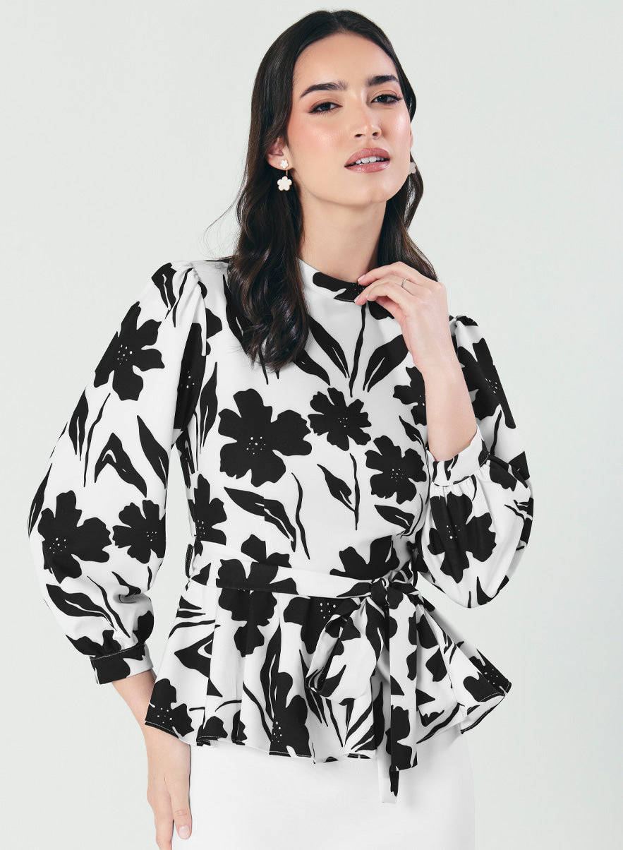 Black And White Floral Peplum Top