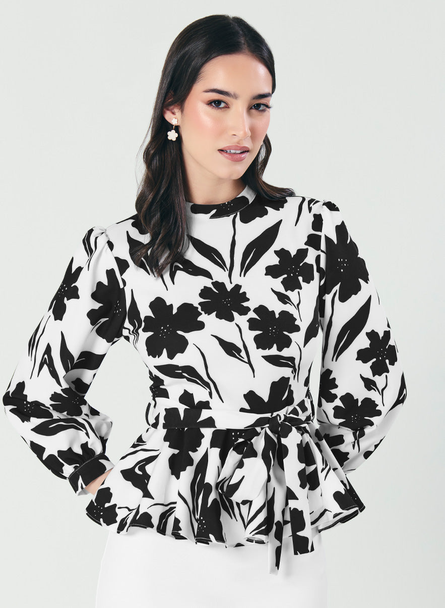 Black And White Floral Peplum Top