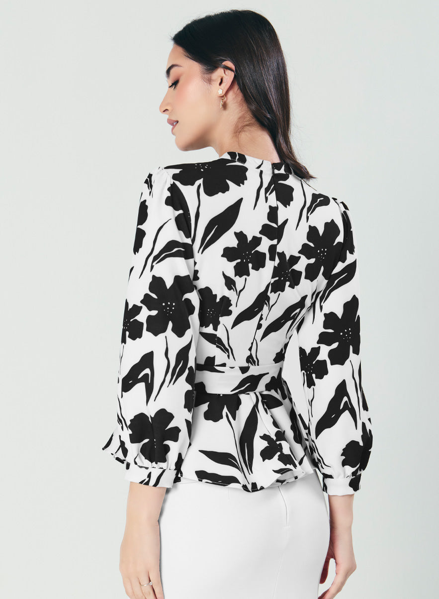 Black And White Floral Peplum Top