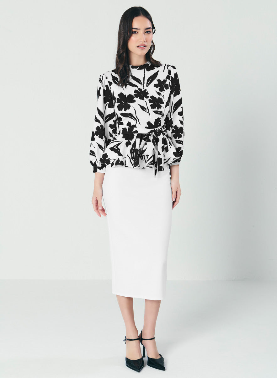 Black And White Floral Peplum Top