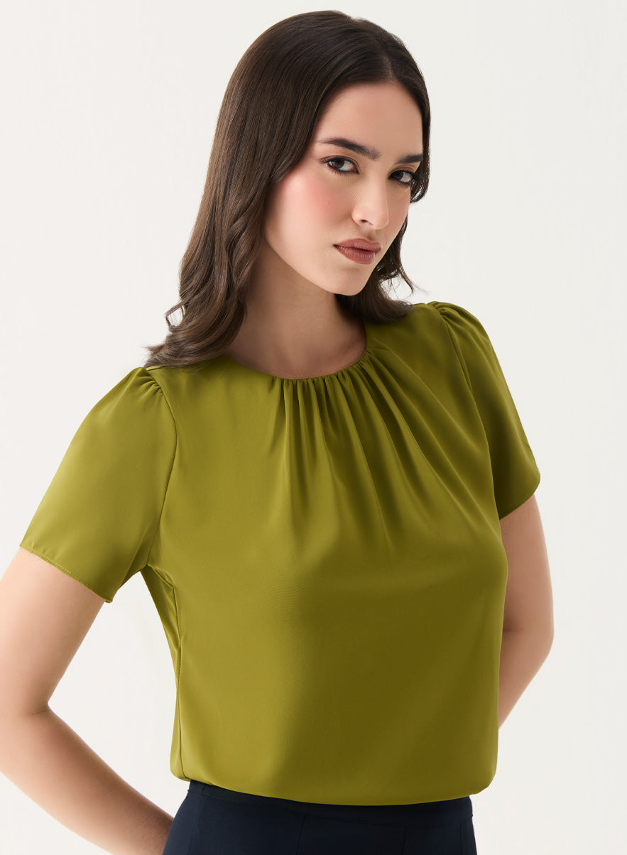 Olive Short Sleeve Chiffon Neck Top