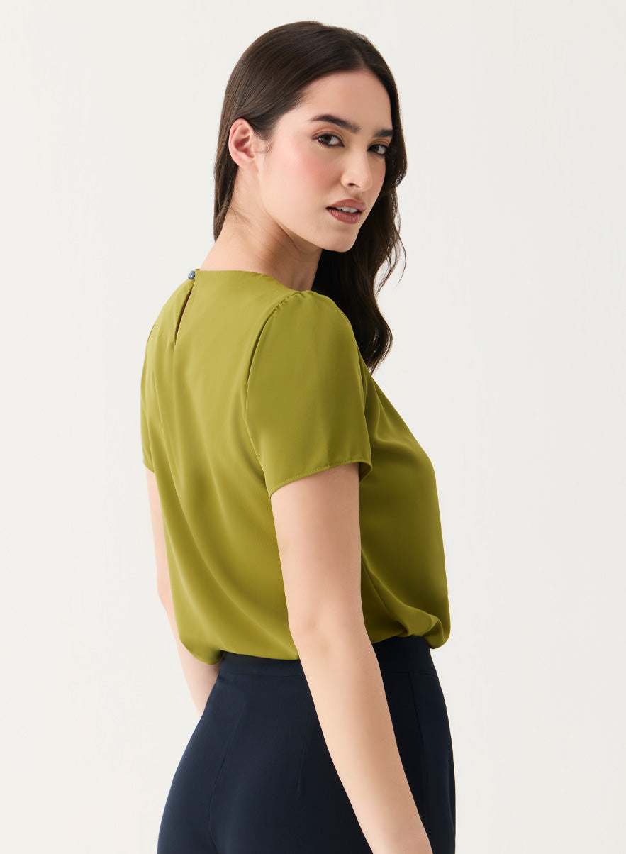 Olive Short Sleeve Chiffon Neck Top