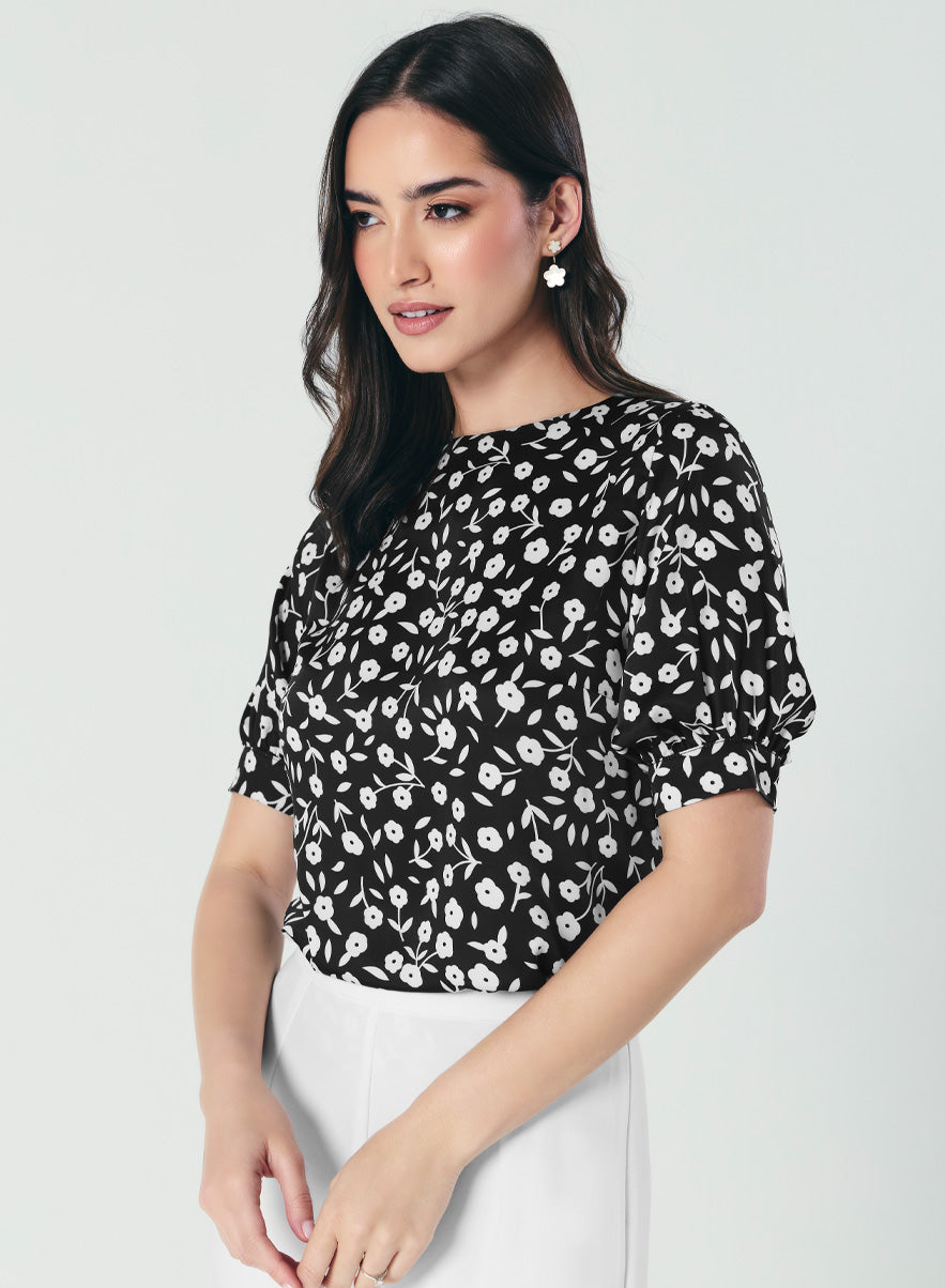 Short Sleeve Black White Printed Top