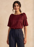 Maroon Double Bow Detail Satin Top