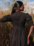 Black Puffed Sleeve Pleated Skirt Cotton Dress