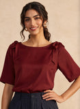 Maroon Double Bow Detail Satin Top