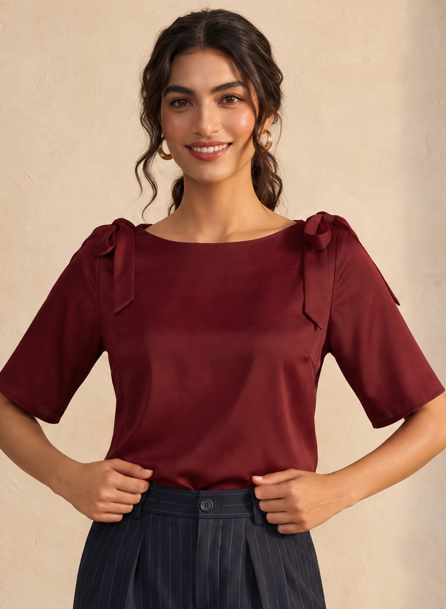 Maroon Double Bow Detail Satin Top