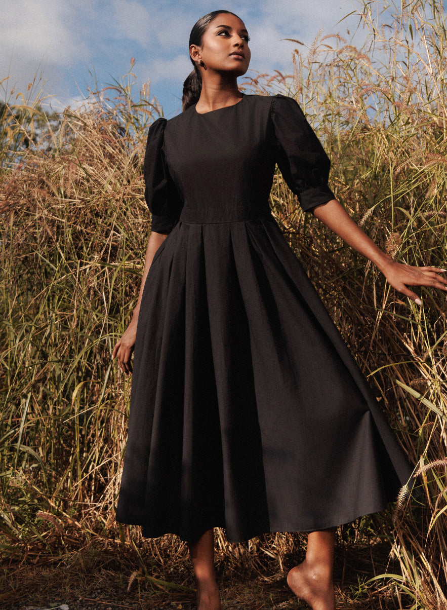 Black Puffed Sleeve Pleated Skirt Cotton Dress