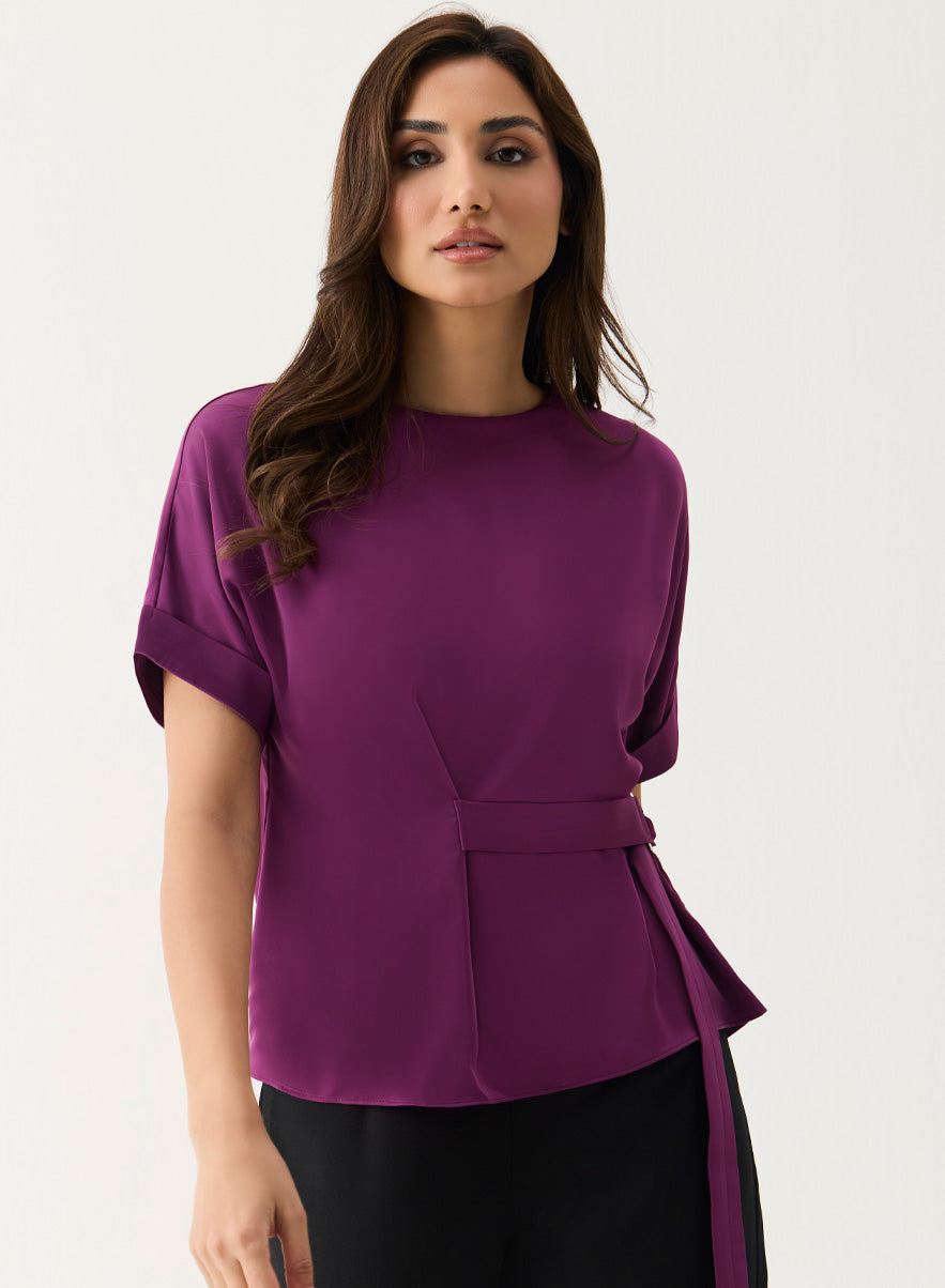 Baggy Sleeve Satin Top with Buckle