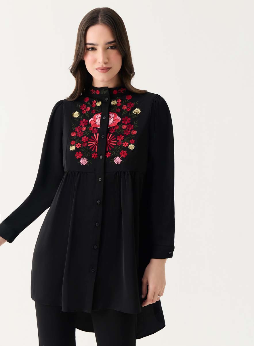 Long Sleeve Front Embroidered Chiffon Top