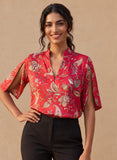 Red Printed Cold Shoulder Chiffon Top