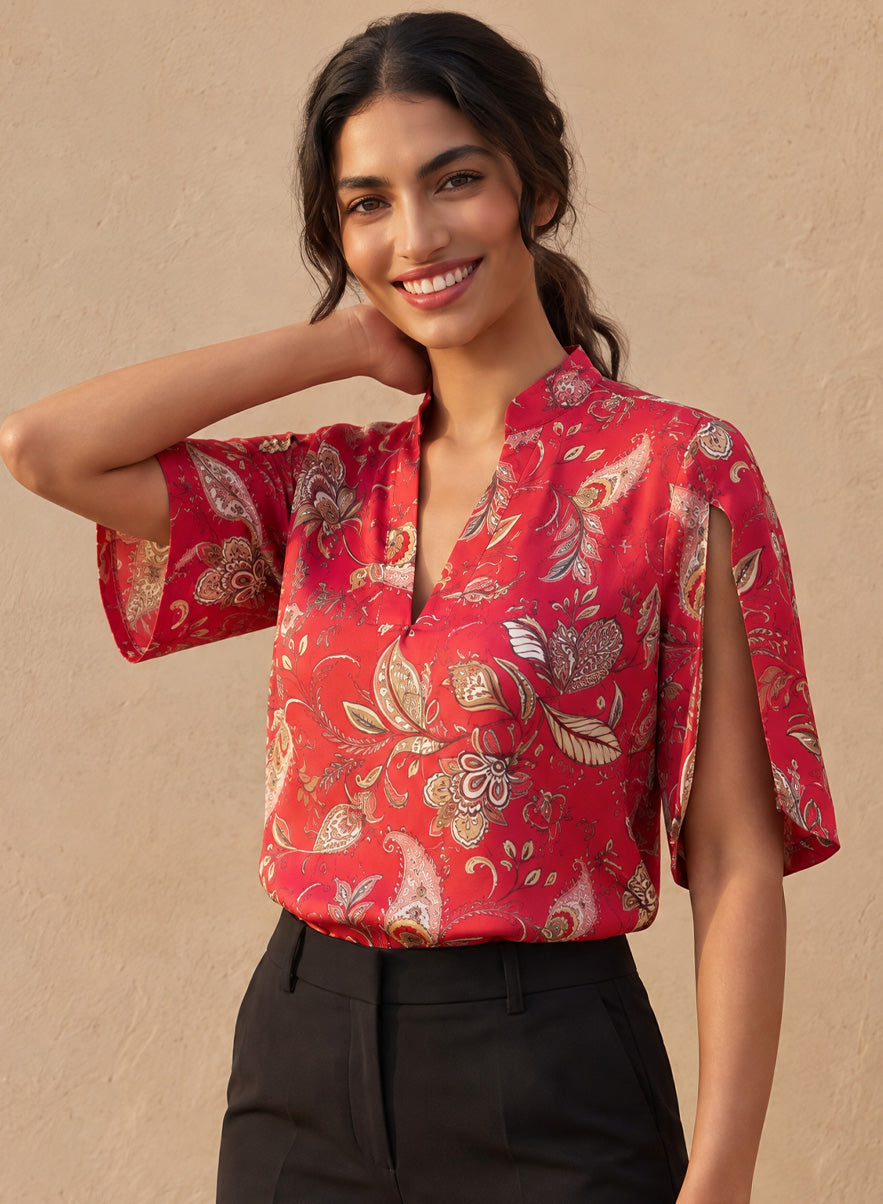 Red Printed Cold Shoulder Chiffon Top