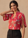 Red Printed Cold Shoulder Chiffon Top