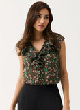 V Neck Floral-Printed Front Button Top