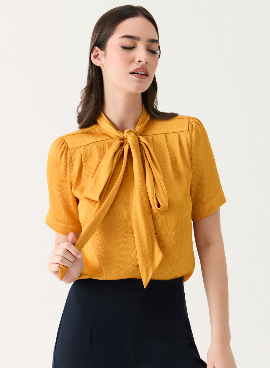 Short Sleeve Neck-Tie Shirt Top -Mustard