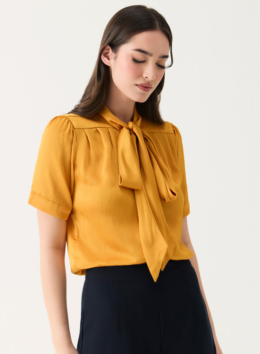 Short Sleeve Neck-Tie Shirt Top -Mustard