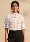 Red Micro Floral Print Sleeve Flared Top