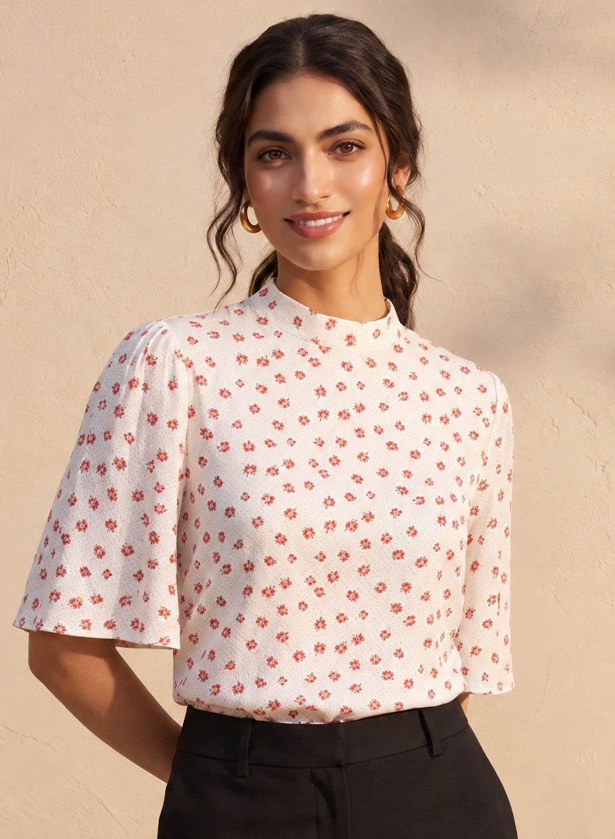 Red Micro Floral Print Sleeve Flared Top
