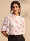 Red Micro Floral Print Sleeve Flared Top
