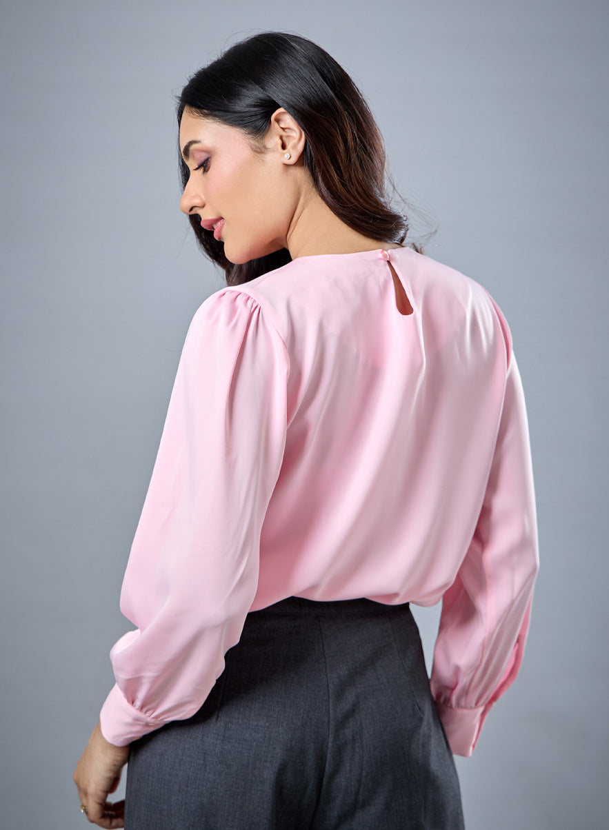 Neck Detailed Light Pink Chiffon Top