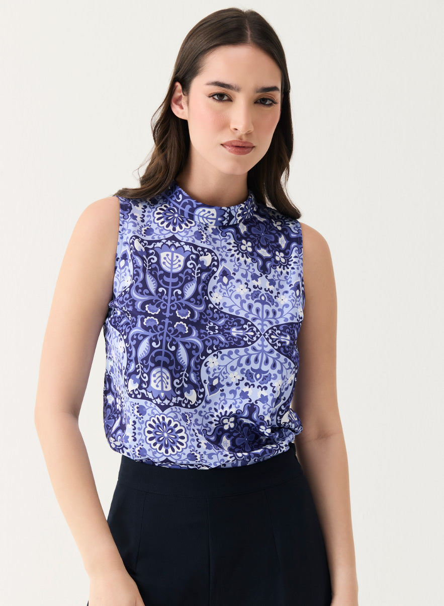 Printed Sleeveless Turn-Up Neck Top