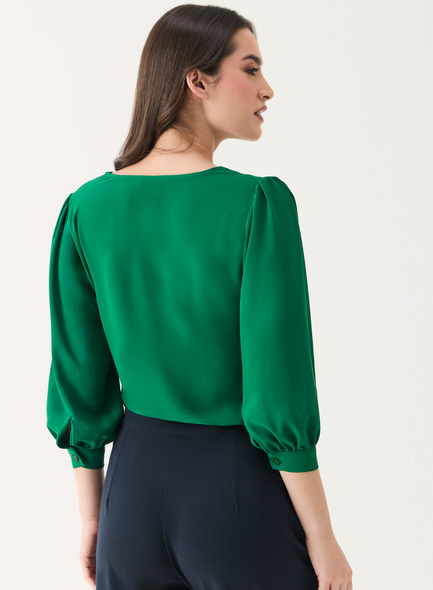 Green V Neck Long Chiffon Top