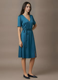 Teal Blue Satin Front Slit Dress