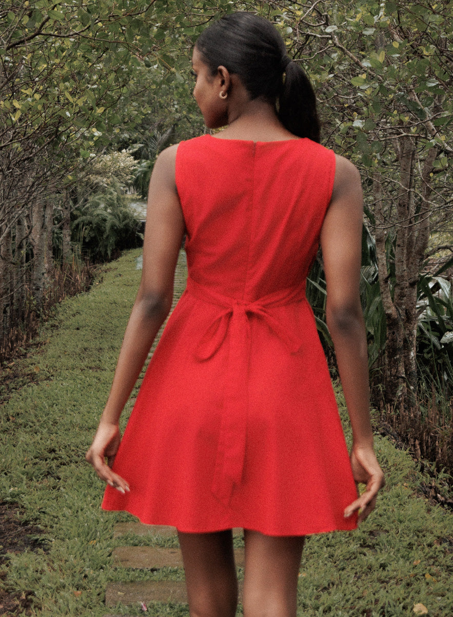 Red Sleeveless Back Tie Cotton Dress