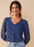 Blue Printed V Neck Long Sleeve Top