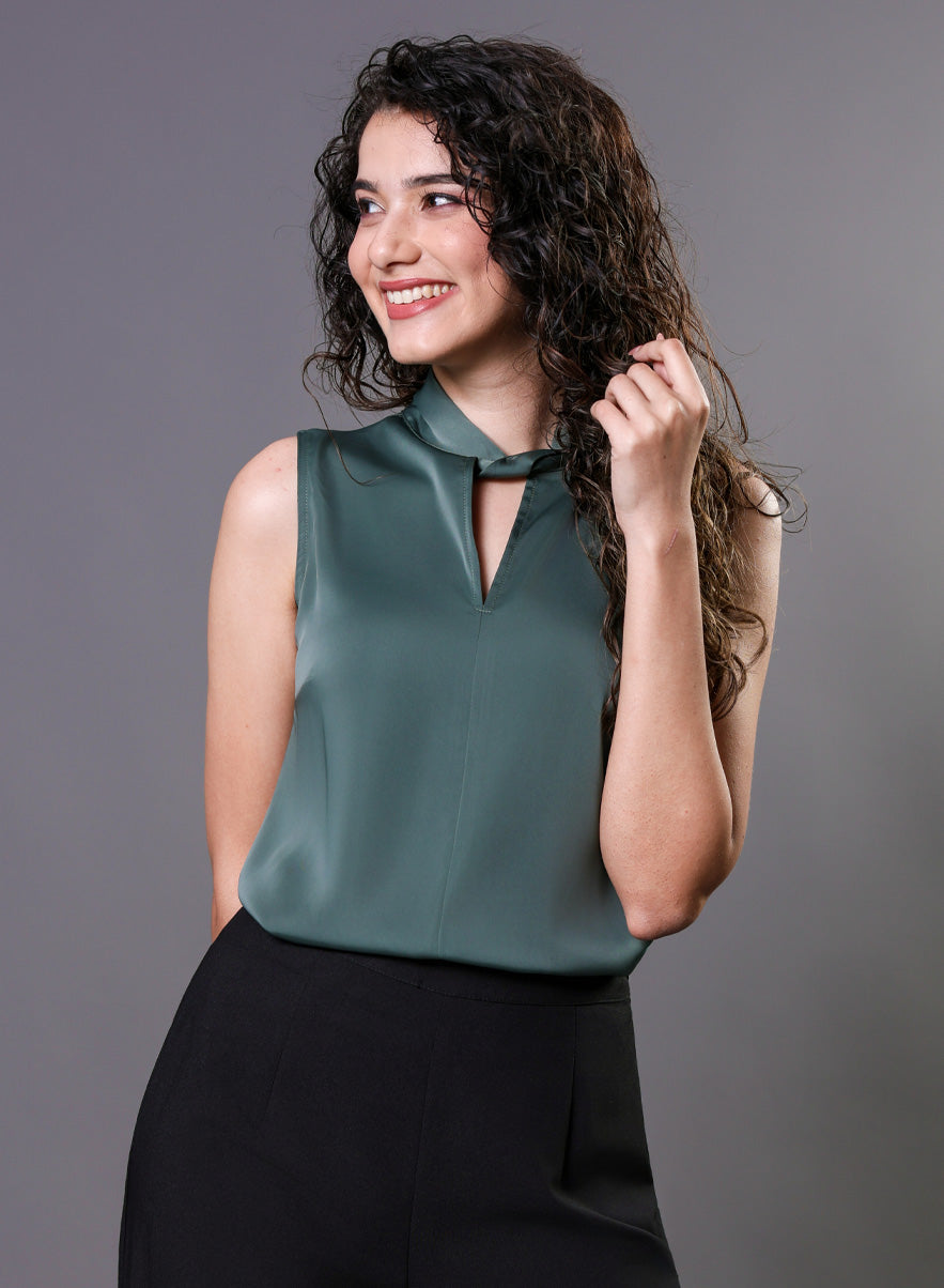 Twisted Neck Sleeveless Top -  Green