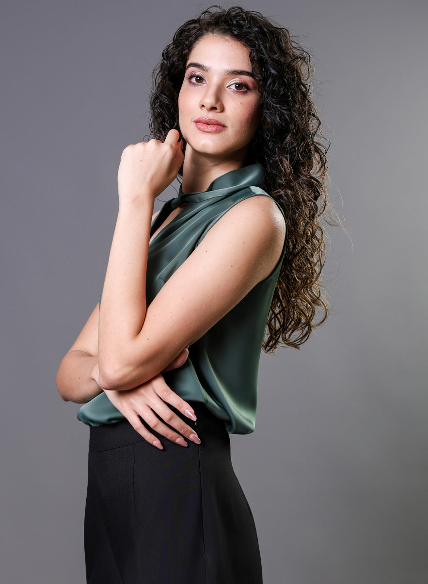 Twisted Neck Sleeveless Top -  Green