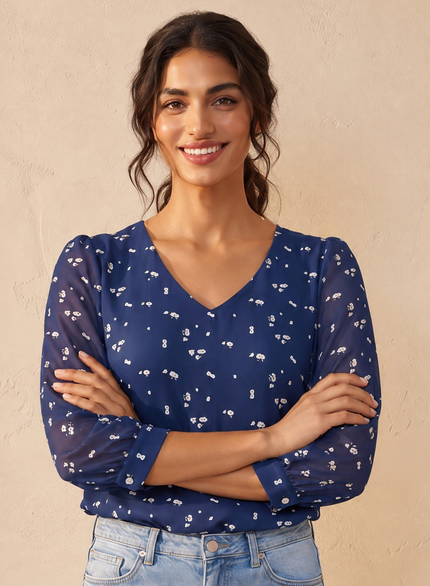 Blue Printed V Neck Long Sleeve Top